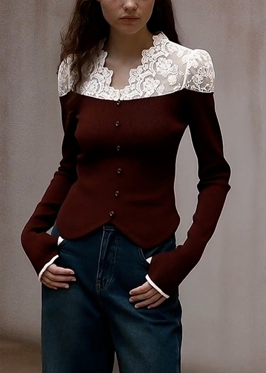 Style Brown V Neck Patchwork Lace Knit Shirts Winter