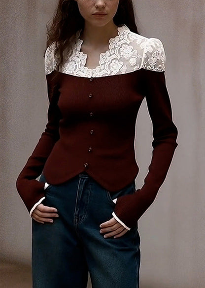 Style Brown V Neck Patchwork Lace Knit Shirts Winter