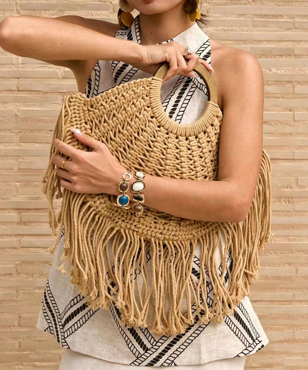 Style Brown Weave Tassel Semicircle Tote