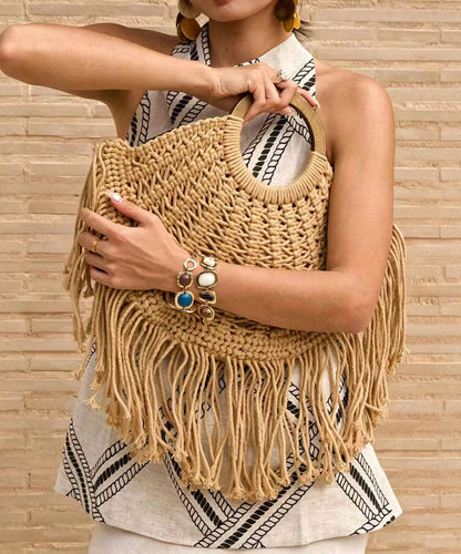 Style Brown Weave Tassel Semicircle Tote