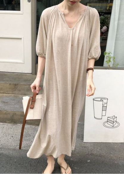 Style Camel V Neck Loose Linen Party Dress Half Sleeve
