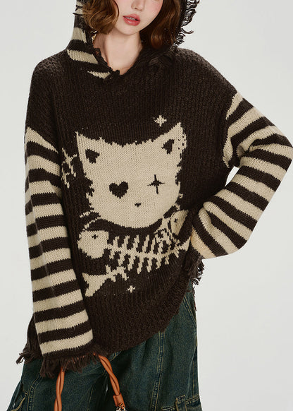 Style Choaolate Hooded Tasseled Knit Loose Sweater Winter