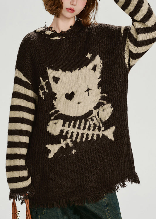 Style Choaolate Hooded Tasseled Knit Loose Sweater Winter