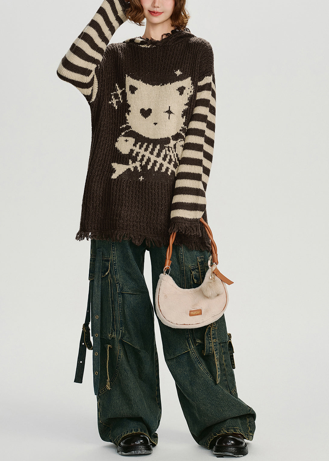 Style Choaolate Hooded Tasseled Knit Loose Sweater Winter