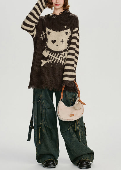 Style Choaolate Hooded Tasseled Knit Loose Sweater Winter