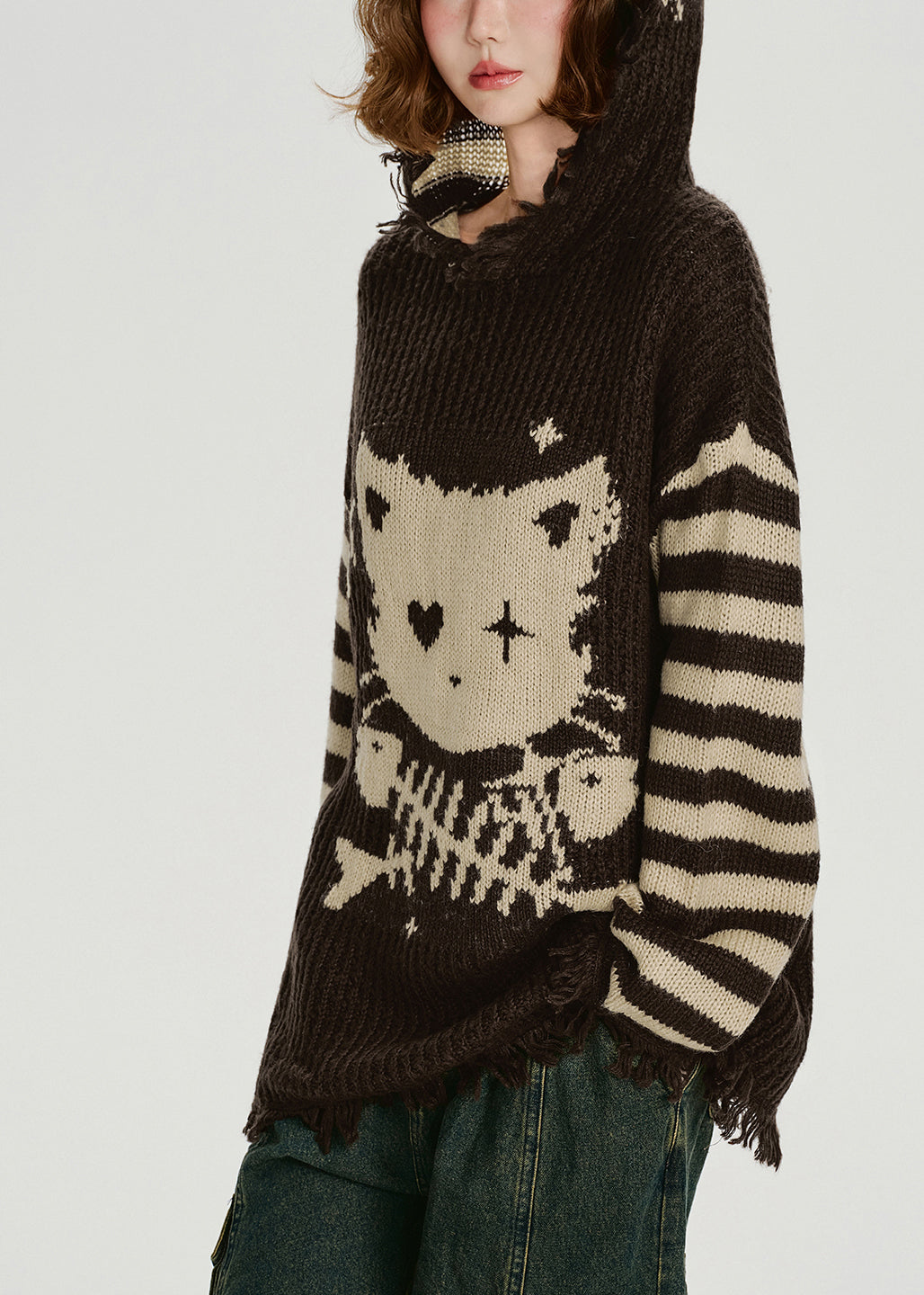 Style Choaolate Hooded Tasseled Knit Loose Sweater Winter