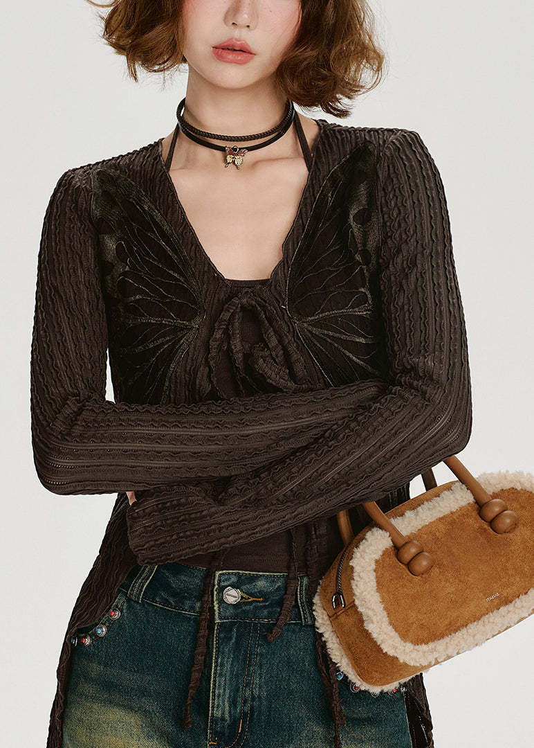 Style Chocolate Lace Up Butterfly Cotton Cardigans Spring