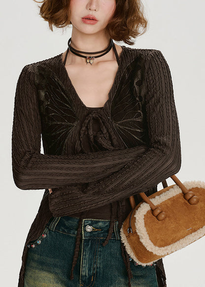 Style Chocolate Lace Up Butterfly Cotton Cardigans Spring