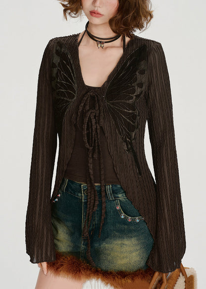Style Chocolate Lace Up Butterfly Cotton Cardigans Spring