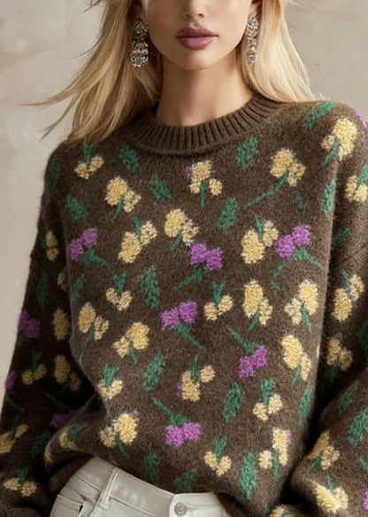 Style Chocolate O-Neck Oversized Thick Jacquard Knit Sweaters Winter