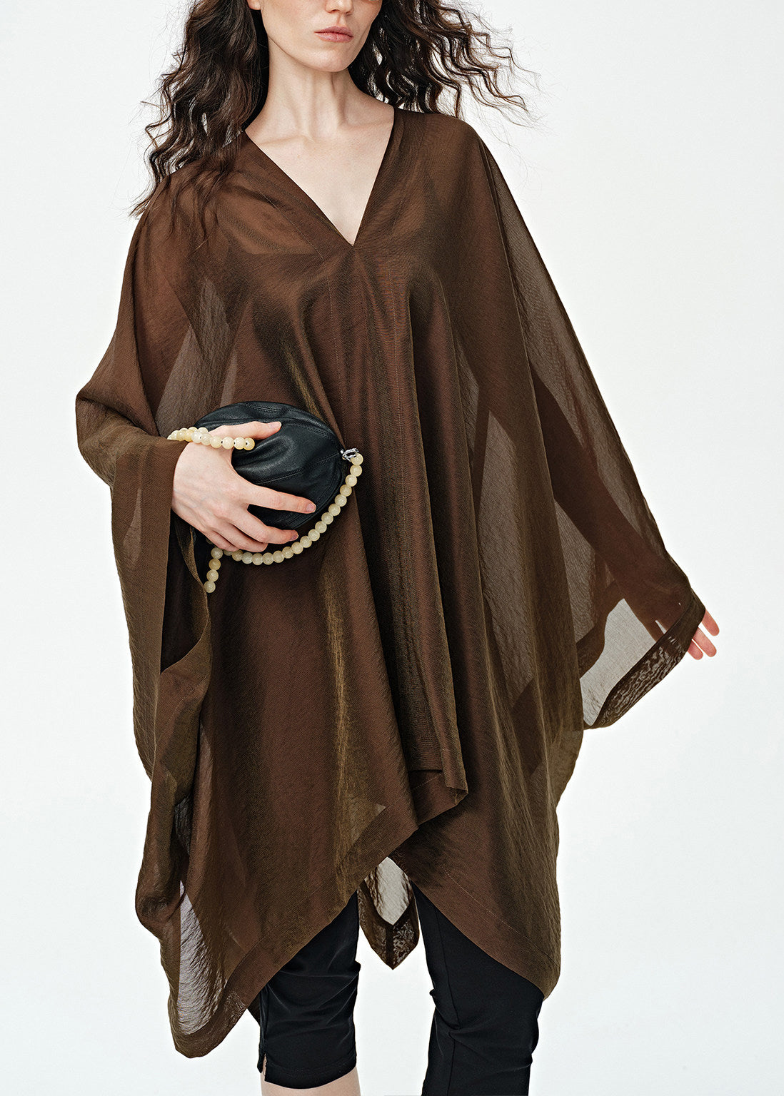 Style Coffee Asymmetrical Design V Neck Silk Loose Dress Summer