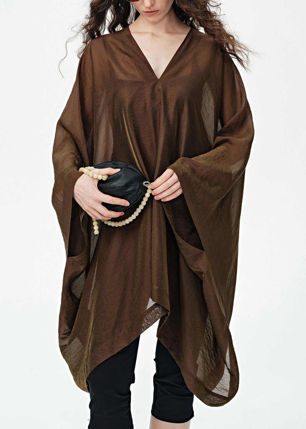 Style Coffee Asymmetrical Design V Neck Silk Loose Dress Summer