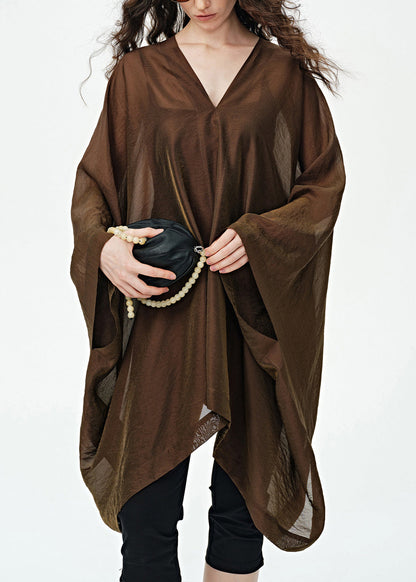 Style Coffee Asymmetrical Design V Neck Silk Loose Dress Summer