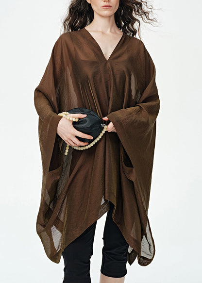 Style Coffee Asymmetrical Design V Neck Silk Loose Dress Summer