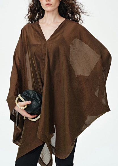 Style Coffee Asymmetrical Design V Neck Silk Loose Dress Summer