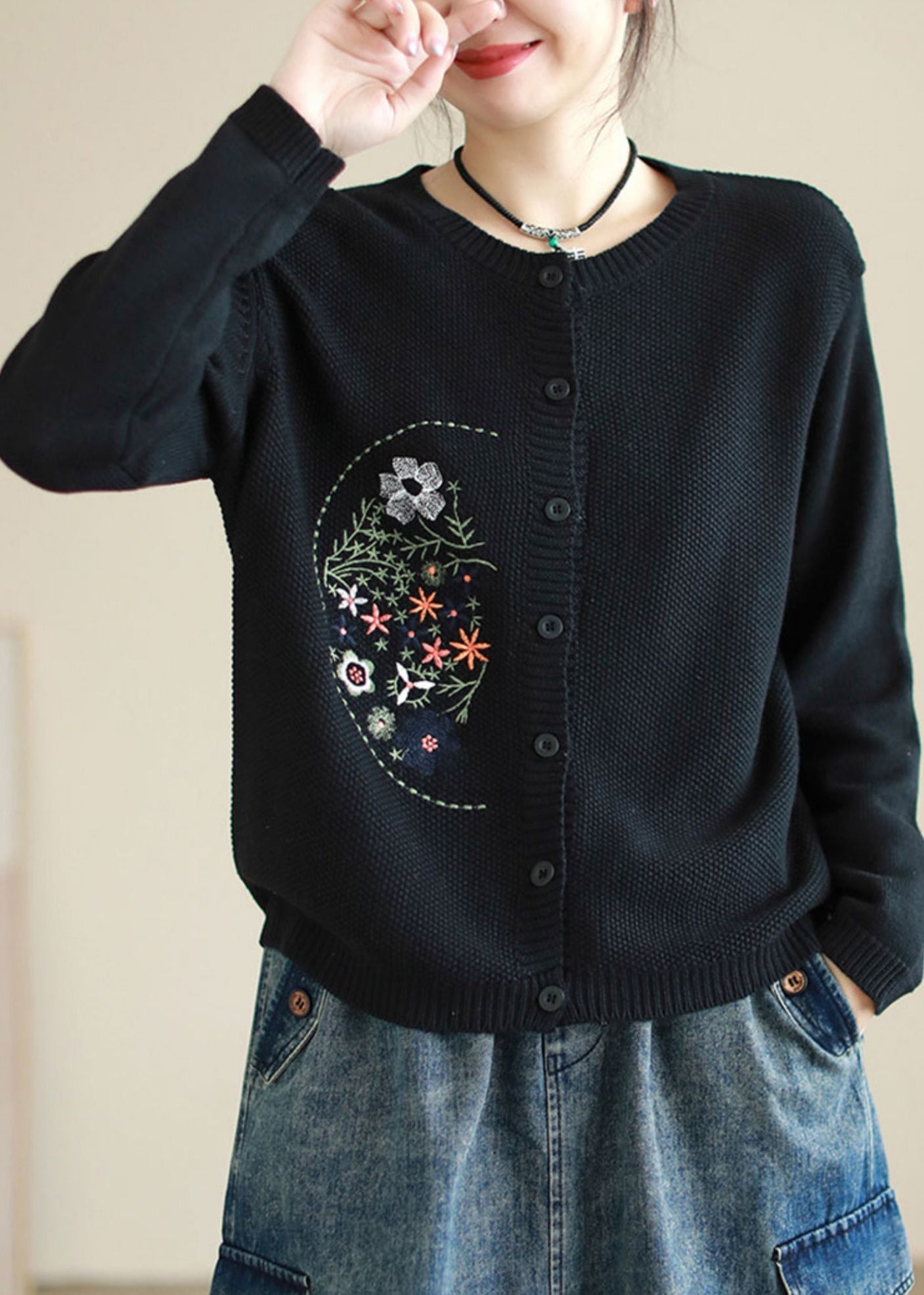 Style Coffee Embroidered Button Patchwork Knitting Coats Fall