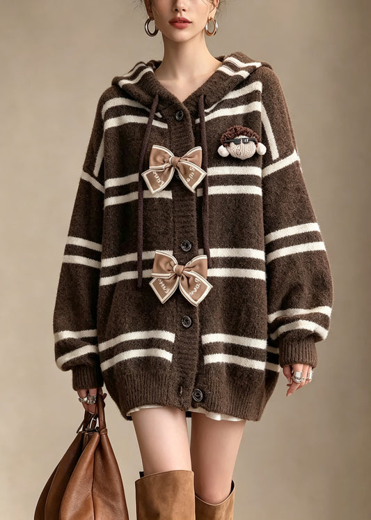 Style Coffee Striped Bow Hooded Knit Sweaters Coat Fall