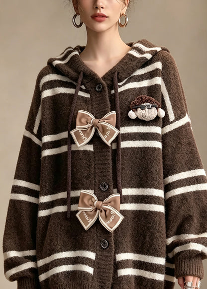 Style Coffee Striped Bow Hooded Knit Sweaters Coat Fall
