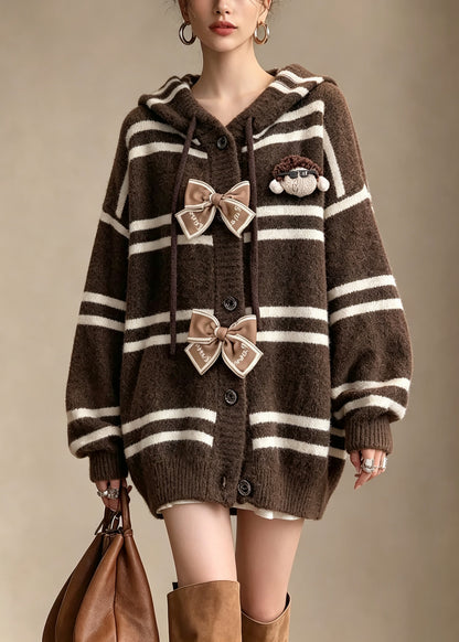 Style Coffee Striped Bow Hooded Knit Sweaters Coat Fall