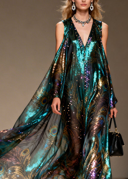 Style Cold Shoulder Print Zircon Chiffon Maxi Dresses Summer