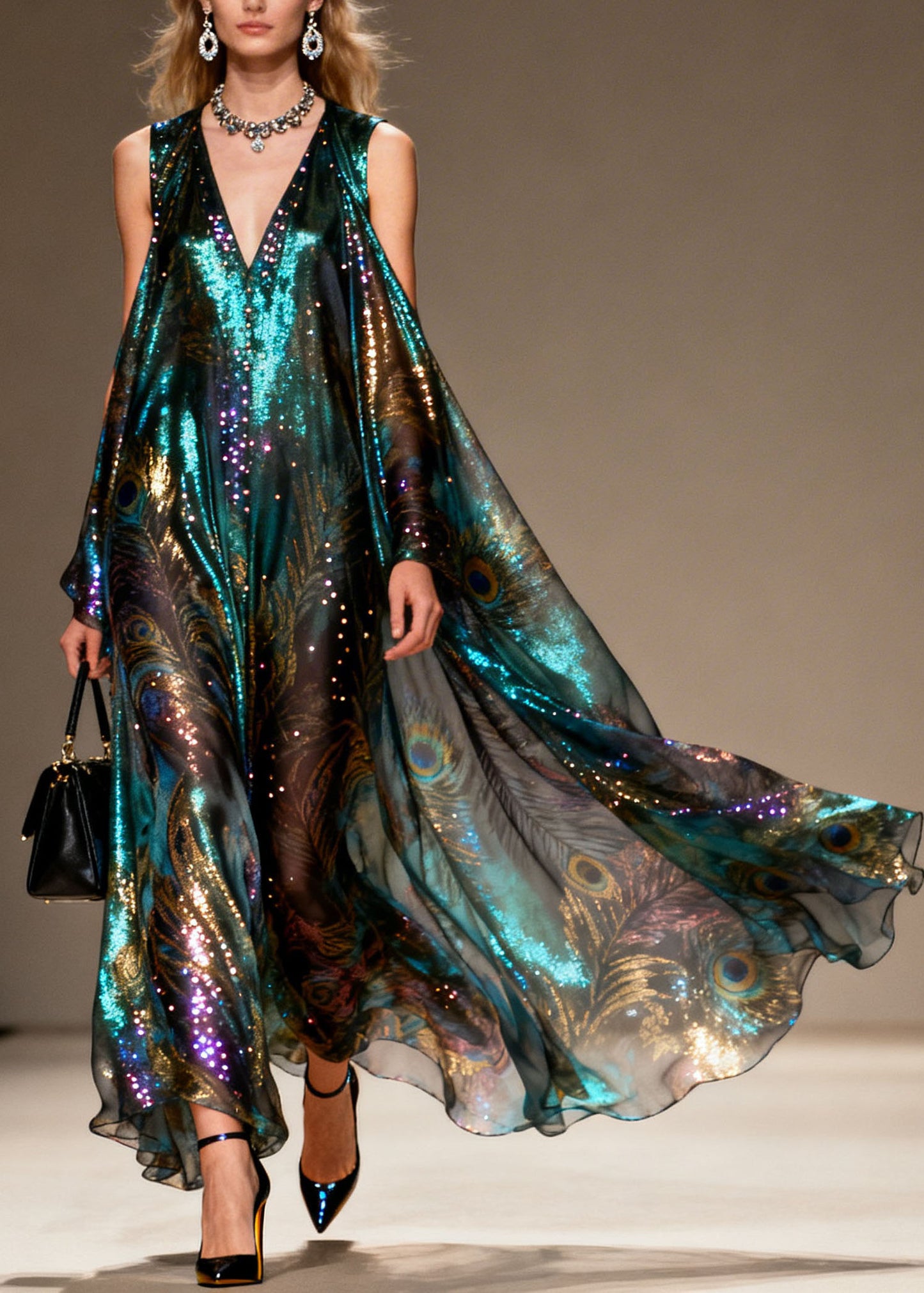 Style Cold Shoulder Print Zircon Chiffon Maxi Dresses Summer
