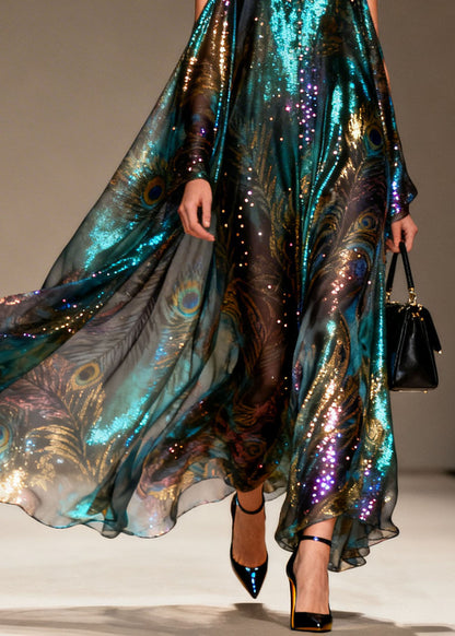 Style Cold Shoulder Print Zircon Chiffon Maxi Dresses Summer