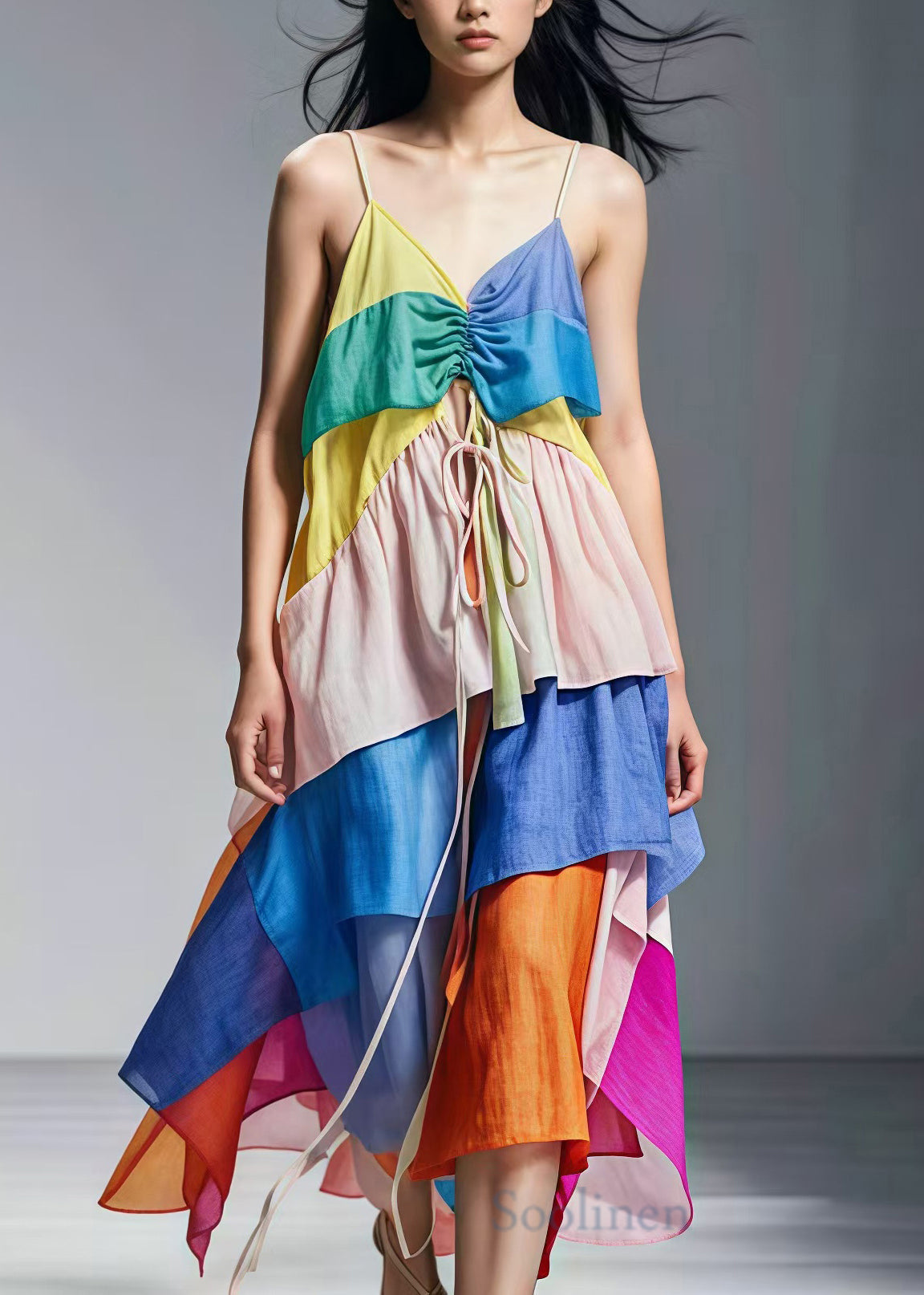 Style Colorblock Cinched Patchwork Cotton Sundress Summer