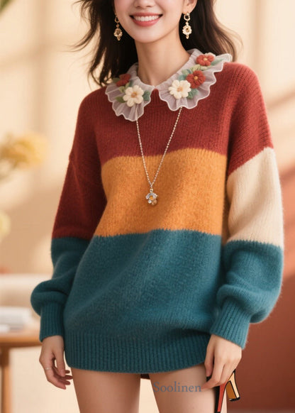 Style Colorblock O Neck Floral Patchwork Knit Pullover Fall