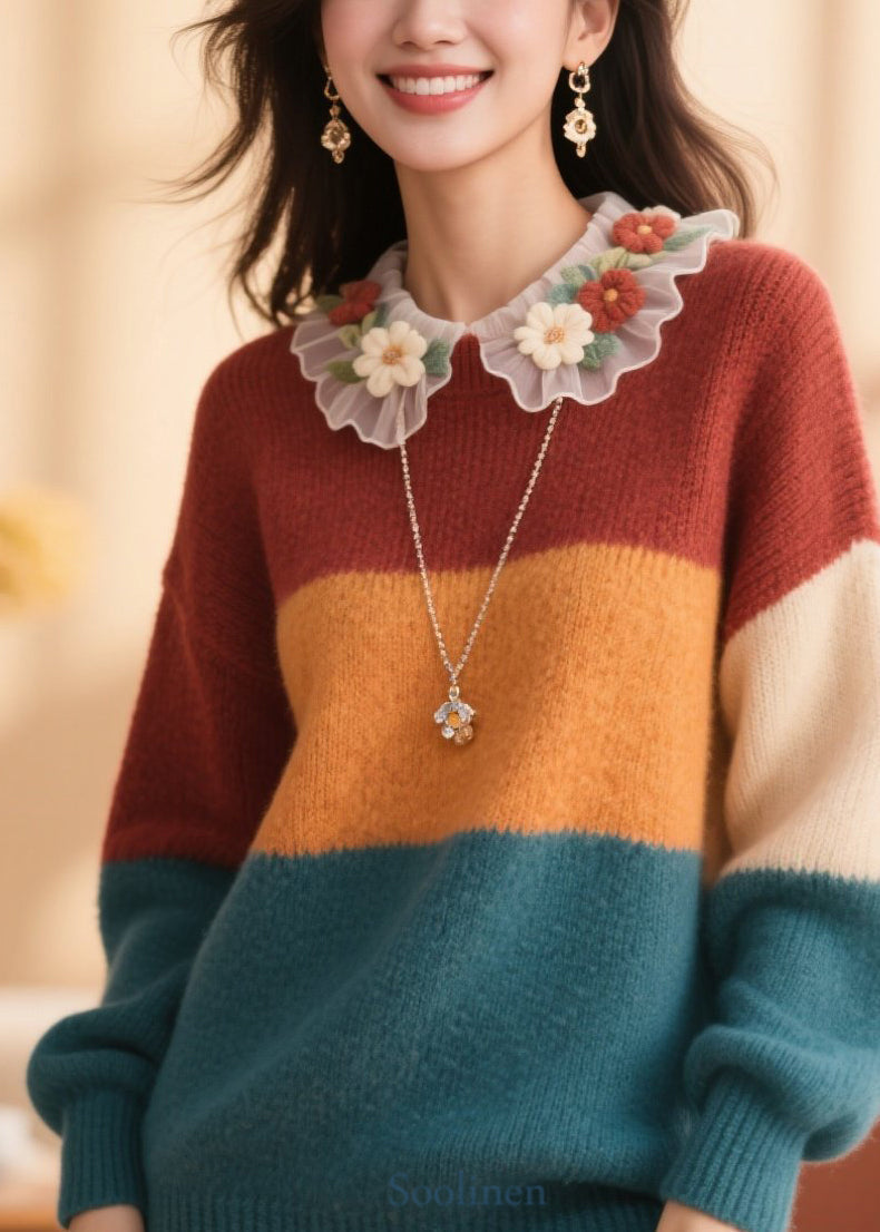 Style Colorblock O Neck Floral Patchwork Knit Pullover Fall