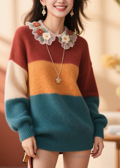 Style Colorblock O Neck Floral Patchwork Knit Pullover Fall