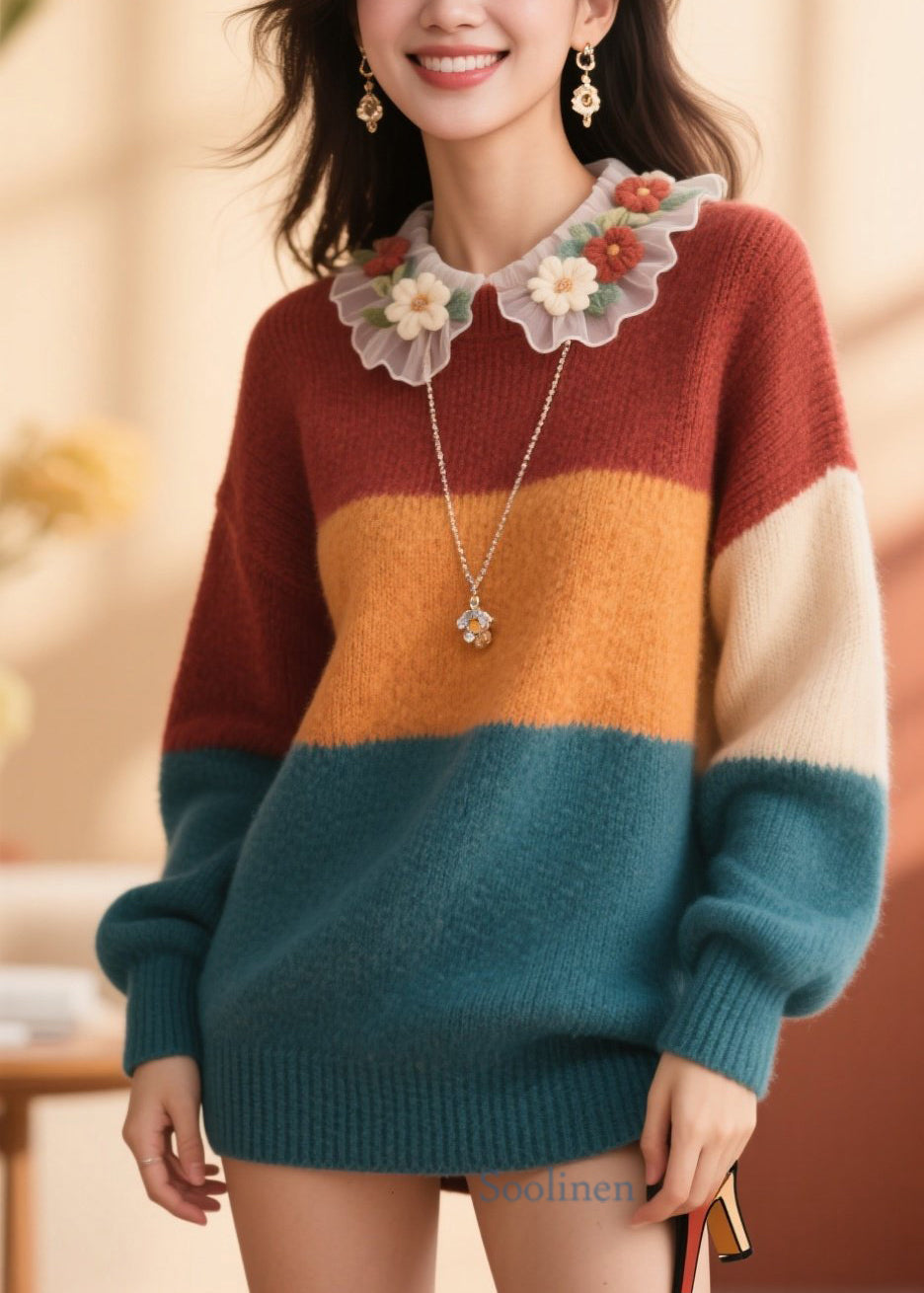 Style Colorblock O Neck Floral Patchwork Knit Pullover Fall