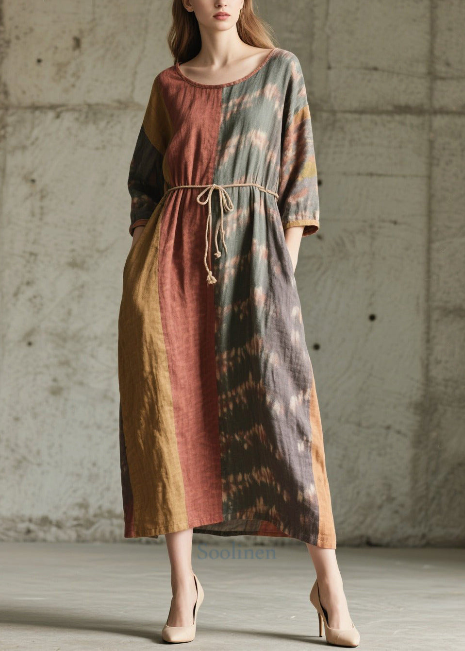 Style Colorblock Oversized Patchwork Cotton Tunic Dress Bracelet Sleeve