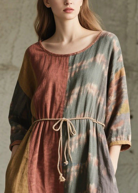 Style Colorblock Oversized Patchwork Cotton Tunic Dress Bracelet Sleeve