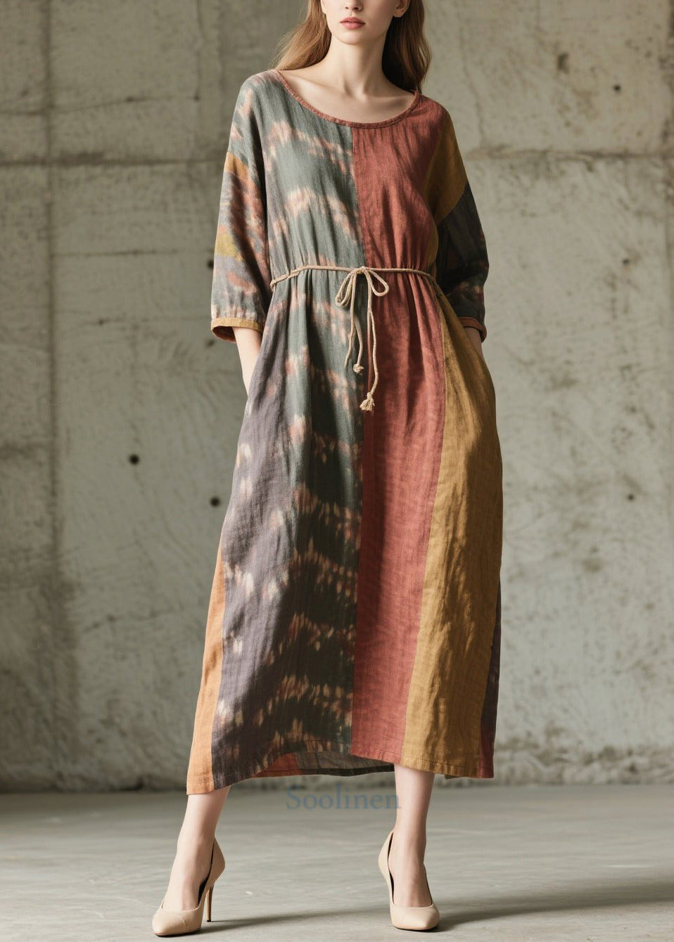 Style Colorblock Oversized Patchwork Cotton Tunic Dress Bracelet Sleeve