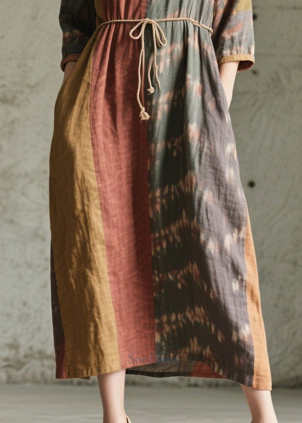 Style Colorblock Oversized Patchwork Cotton Tunic Dress Bracelet Sleeve