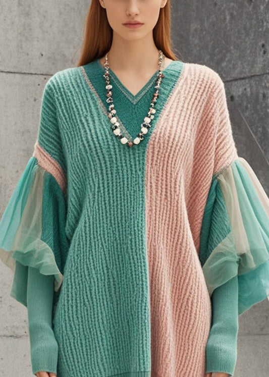 Style Colorblock Oversized Patchwork Side Open Tulle Sweater Dress Fall