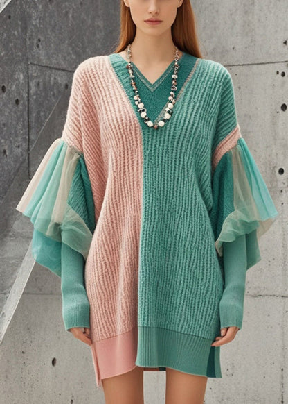 Style Colorblock Oversized Patchwork Side Open Tulle Sweater Dress Fall