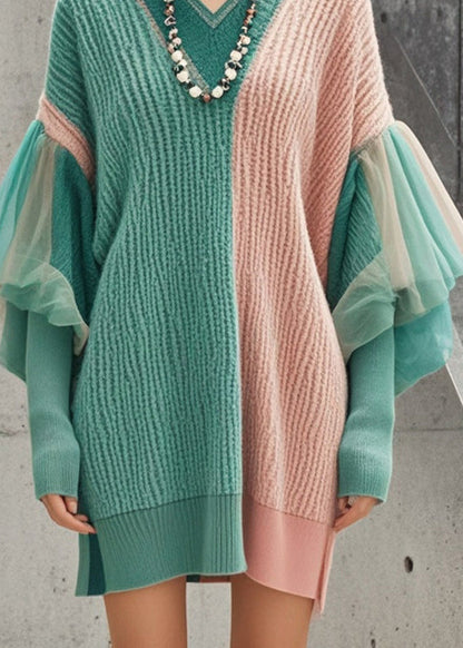 Style Colorblock Oversized Patchwork Side Open Tulle Sweater Dress Fall