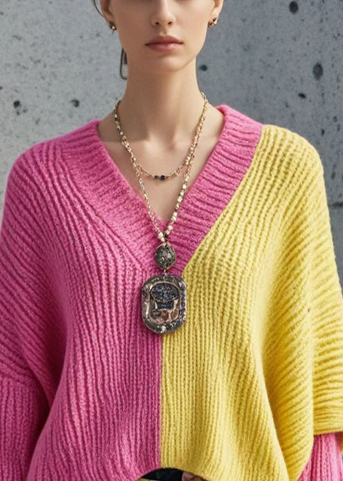 Style Colorblock Oversized Patchwork Sweaters Batwing Sleeve