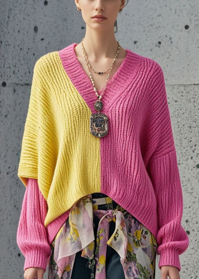 Style Colorblock Oversized Patchwork Sweaters Batwing Sleeve