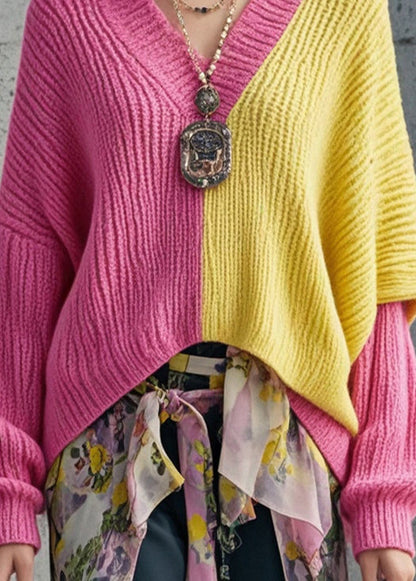 Style Colorblock Oversized Patchwork Sweaters Batwing Sleeve