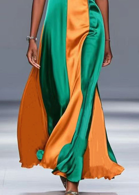 Style Colorblock Patchwork Wrinkled Silk Cami Dresses Summer