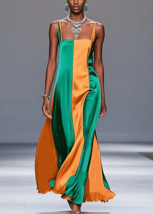 Style Colorblock Patchwork Wrinkled Silk Cami Dresses Summer