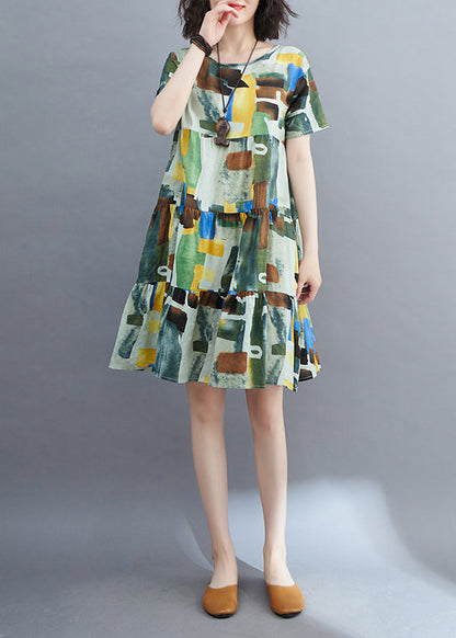 Style Colorblock Ruffled Patchwork Mid Dress Short Sleeve