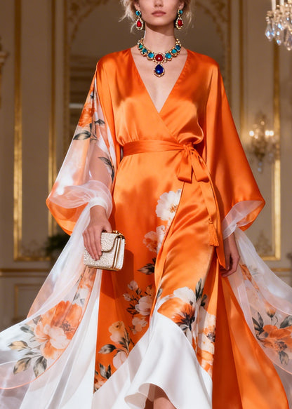 Style Colorblock Ruffled Tie Waist Patchwork Silk Ankle Dress Summer