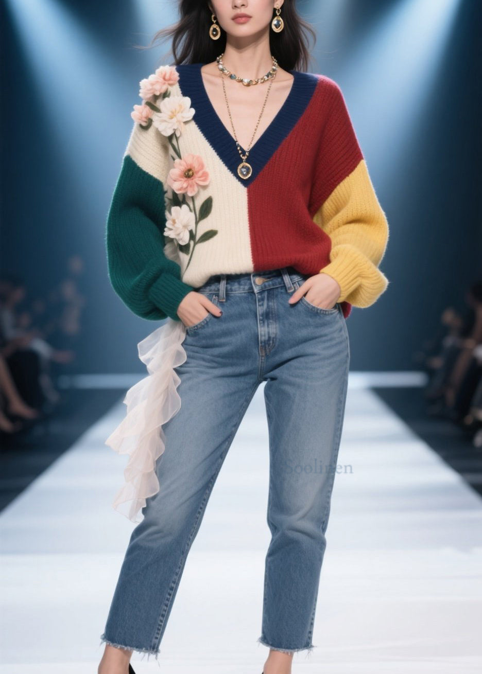 Style Colorblock V Neck Floral Knit Pullover Fall