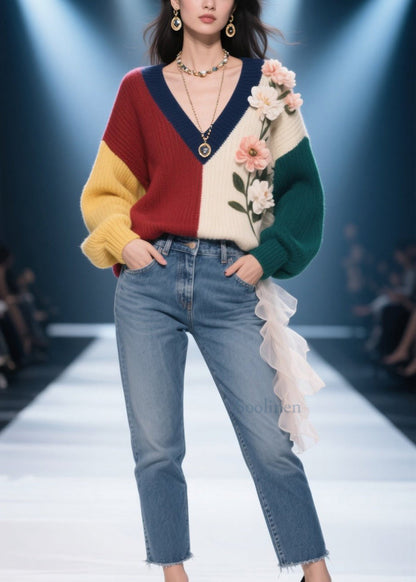 Style Colorblock V Neck Floral Knit Pullover Fall