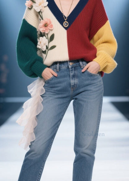 Style Colorblock V Neck Floral Knit Pullover Fall