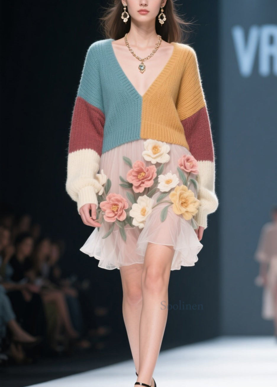 Style Colorblock V Neck Tulle Floral Knit Sweater Dress Fall