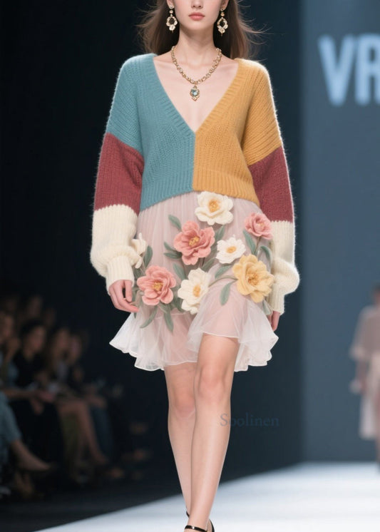Style Colorblock V Neck Tulle Floral Knit Sweater Dress Fall